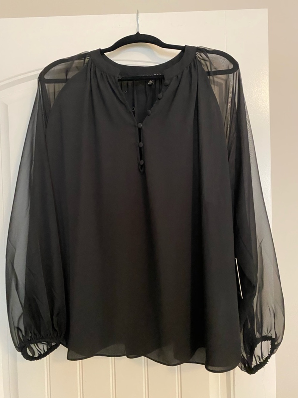 Eloquii Black Sheer Balloon-Sleeve Blouse